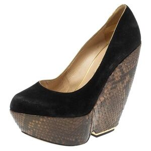 Nicholas Kirkwood Black Suede And Python Leather Wedge Platform Pumps Si…